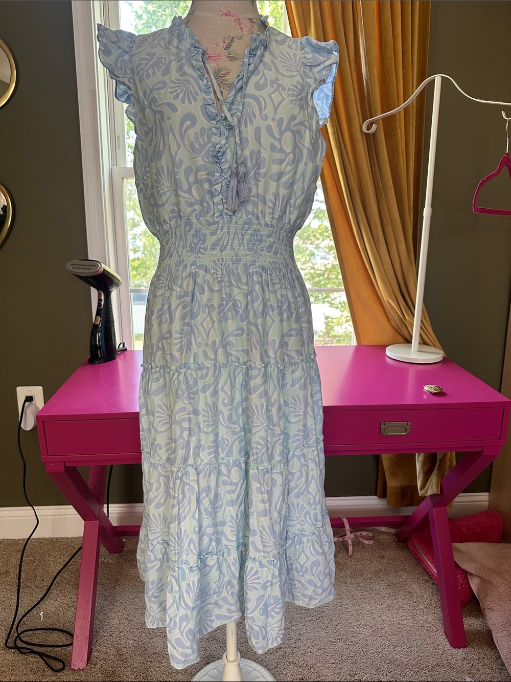 Smocked Waist Light Blue Ruffle Midi Dress